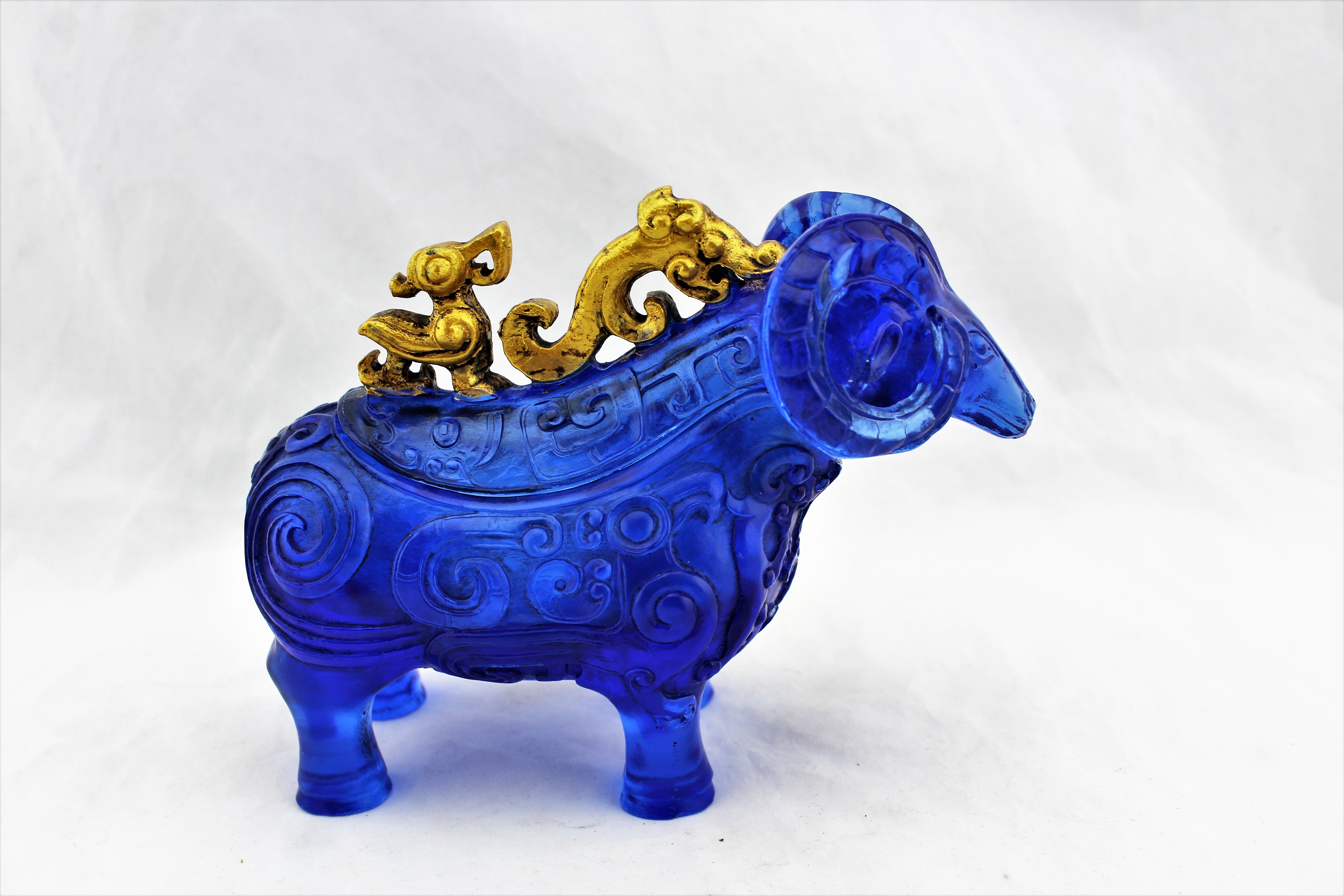 Gilded Blue Peking Glass Lucky Sheep