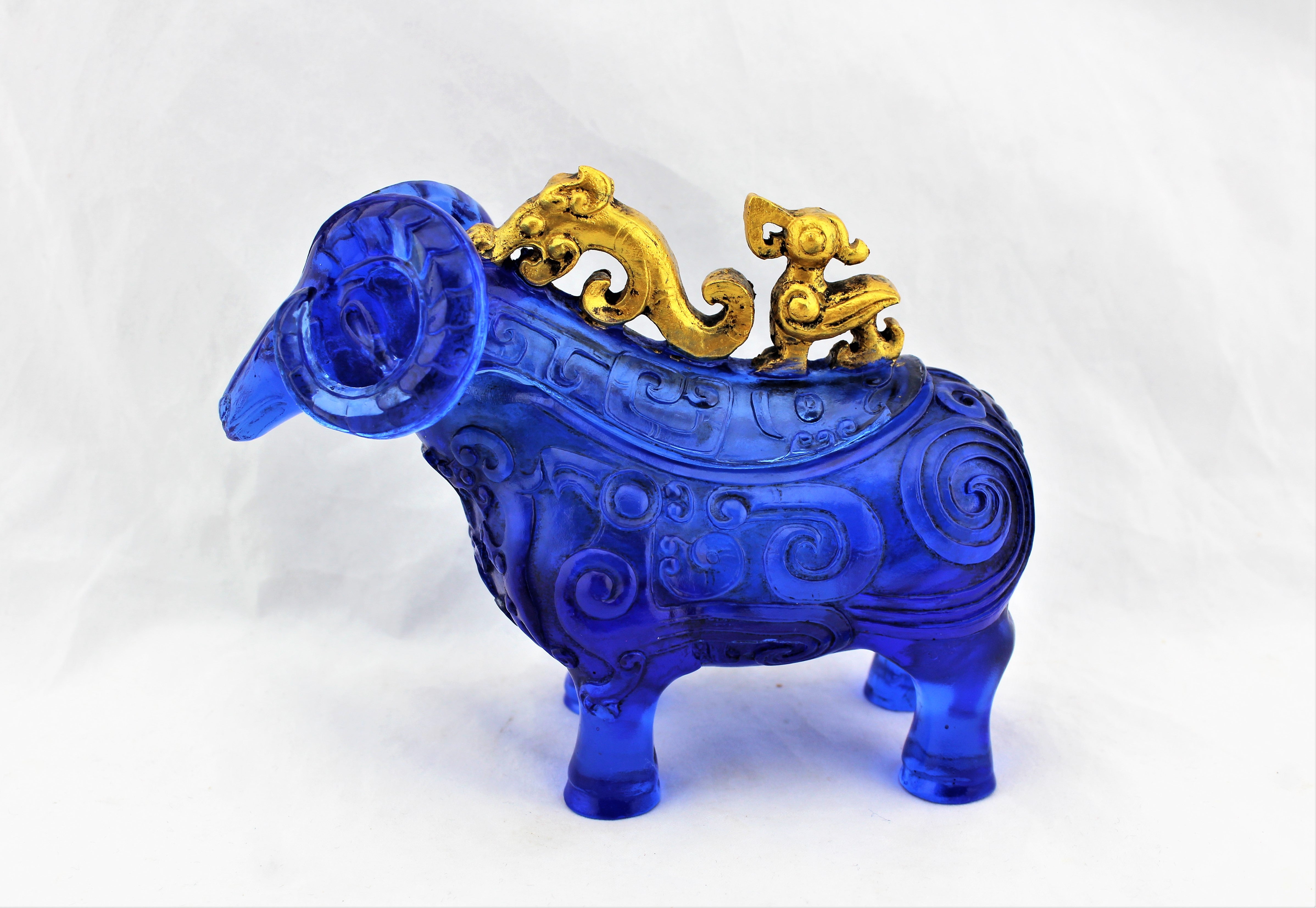 Gilded Blue Peking Glass Lucky Sheep