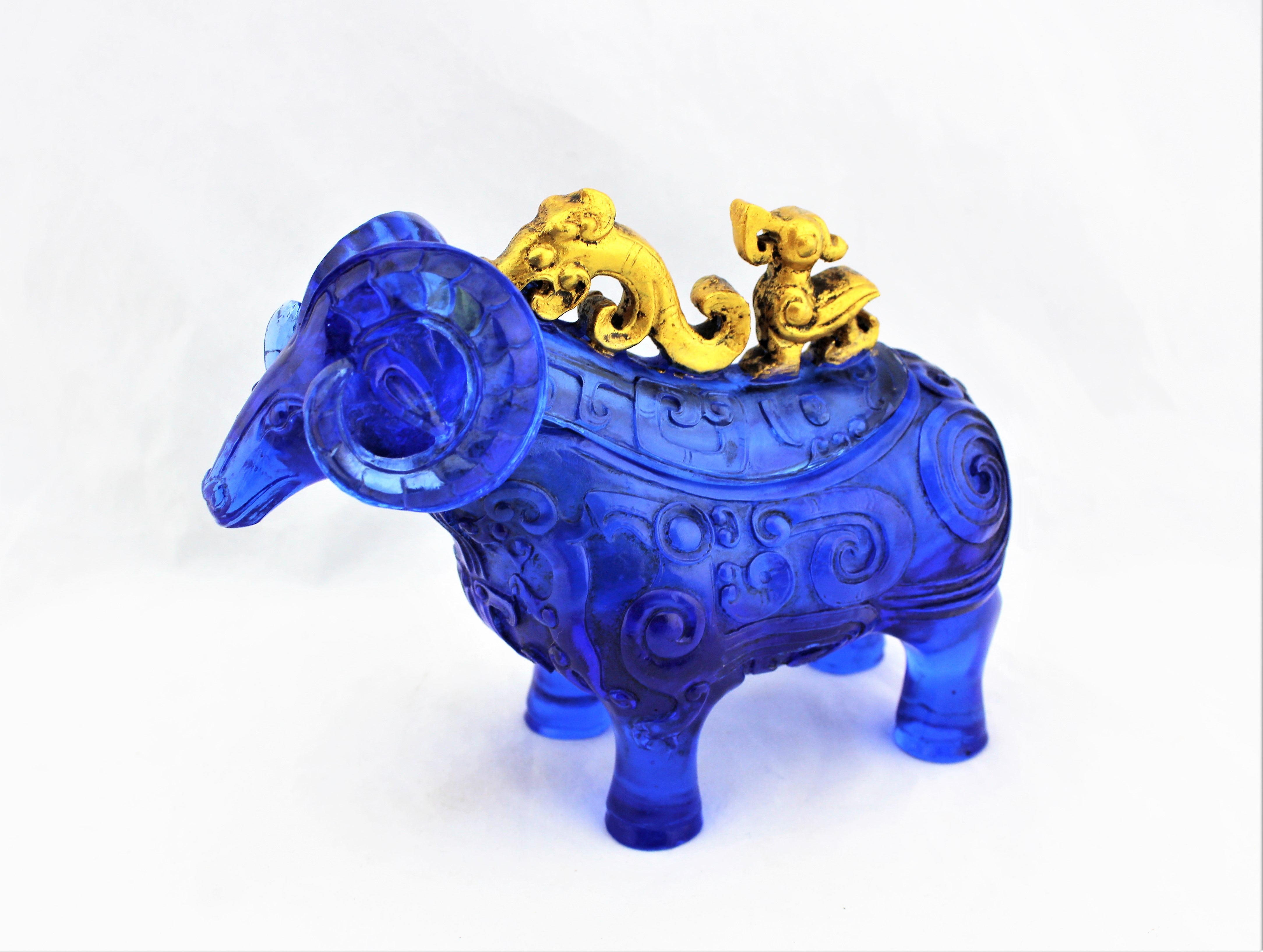 Gilded Blue Peking Glass Lucky Sheep