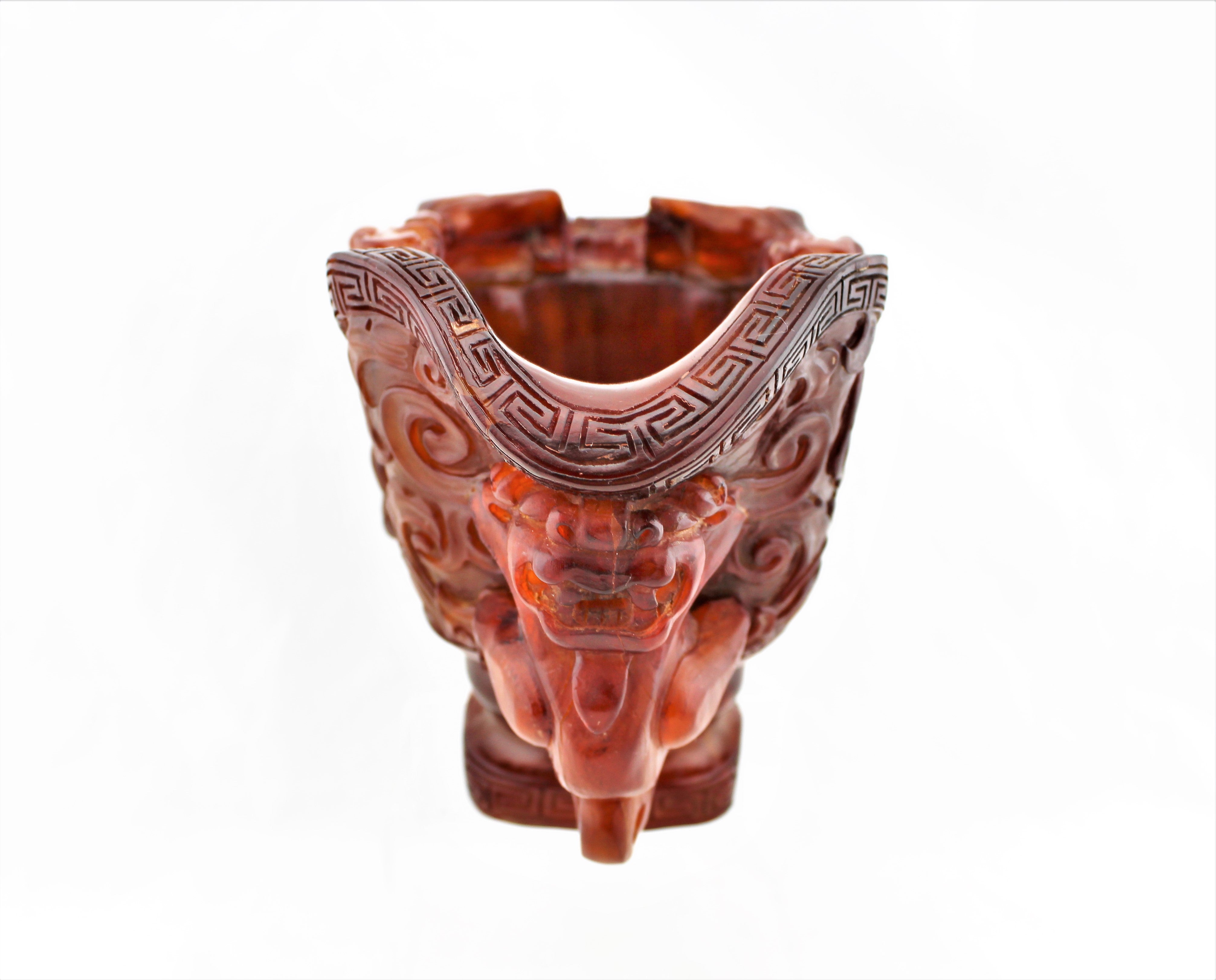 Carved Ox Horn Dragon Cup