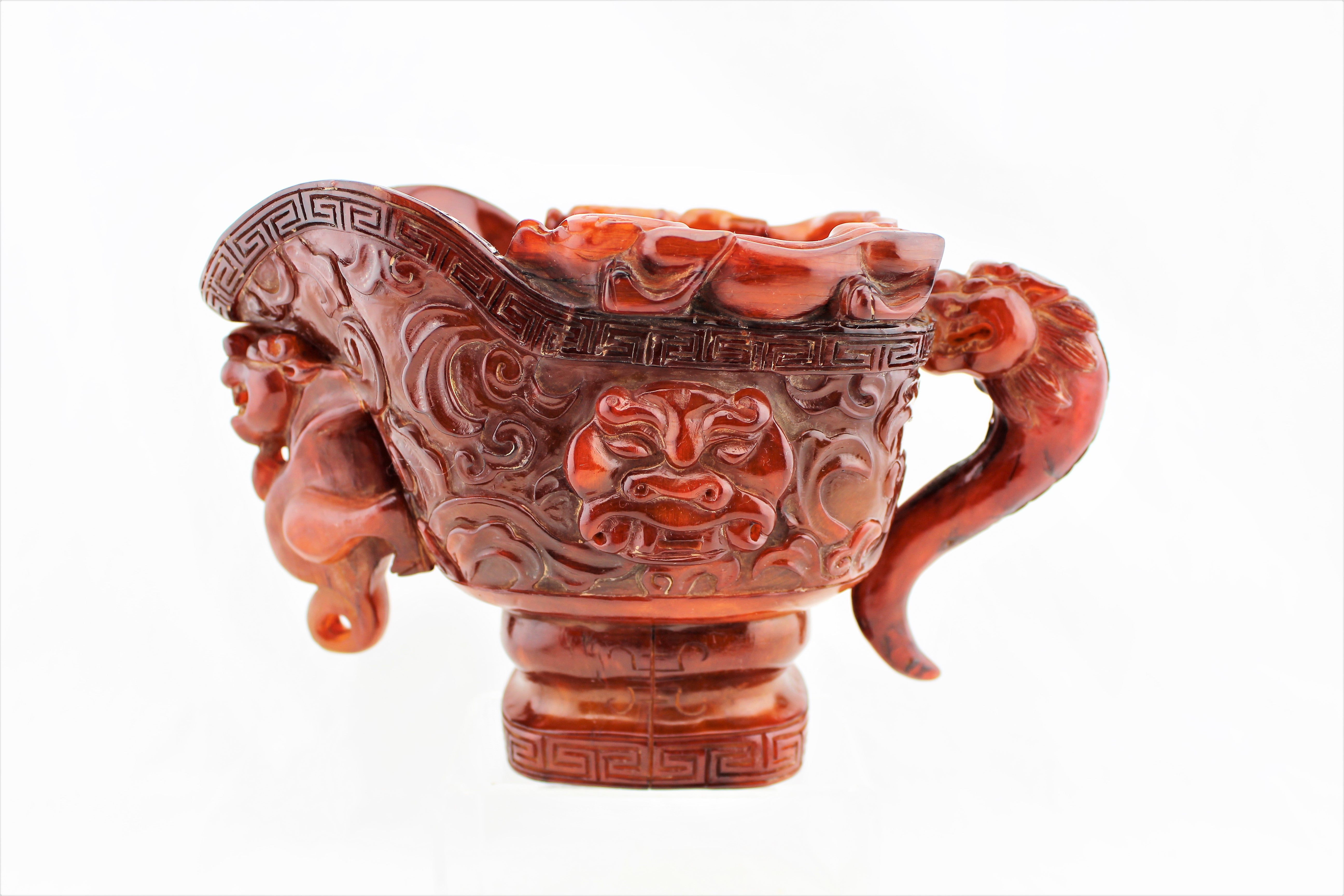 Carved Ox Horn Dragon Cup