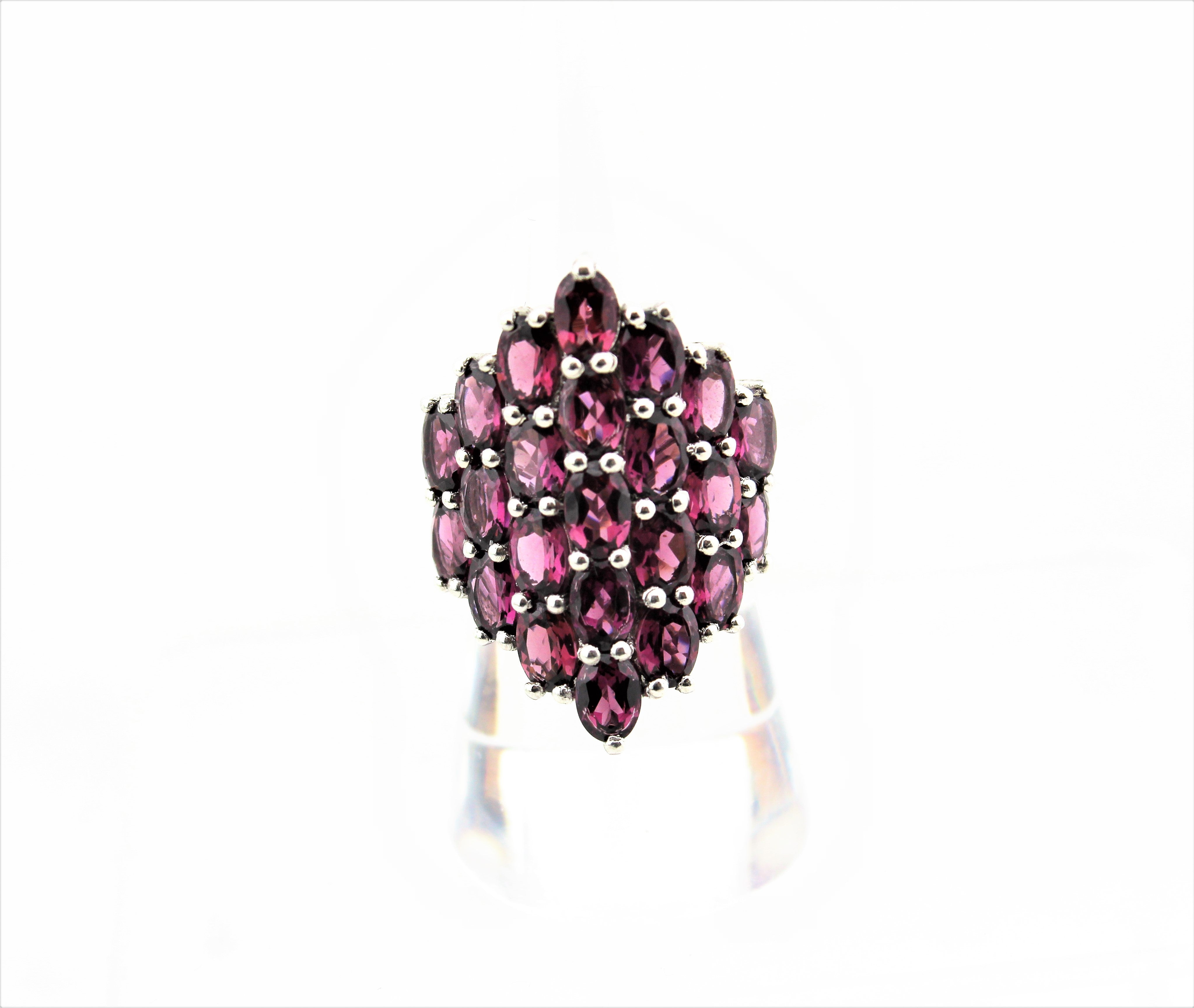 Sterling Silver Oval Cut Rhodolite Cluster Ring