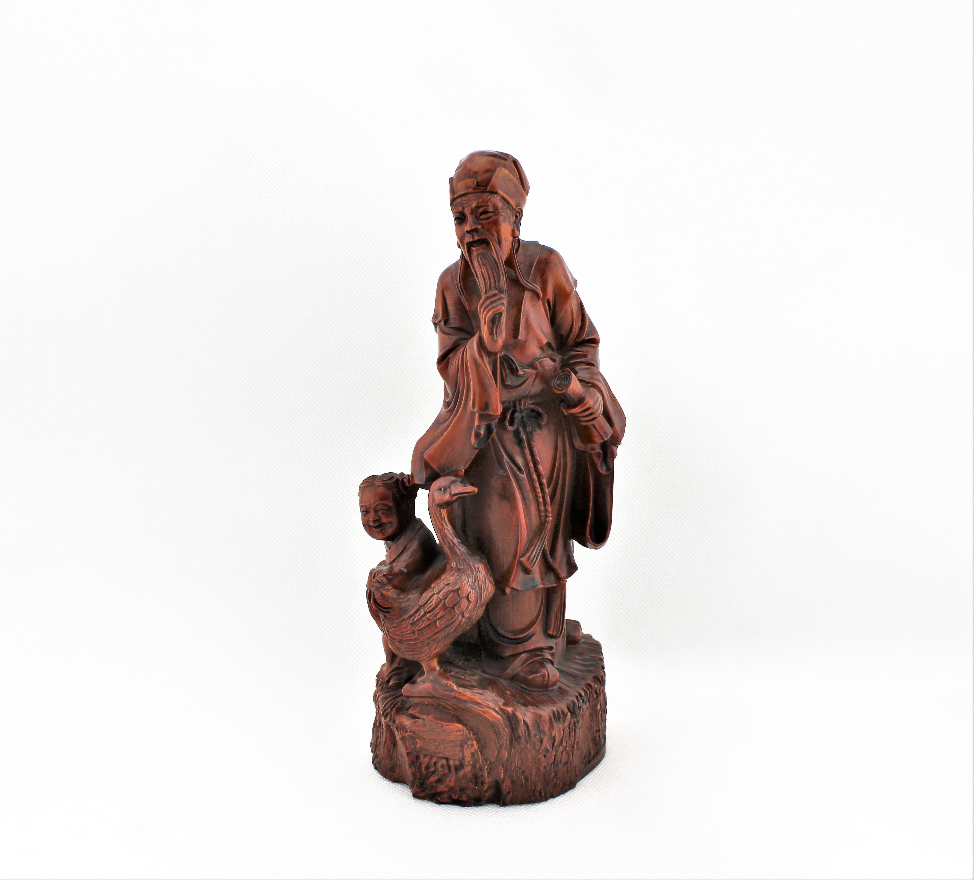 Boxwood Chinese Sage and Child Statue