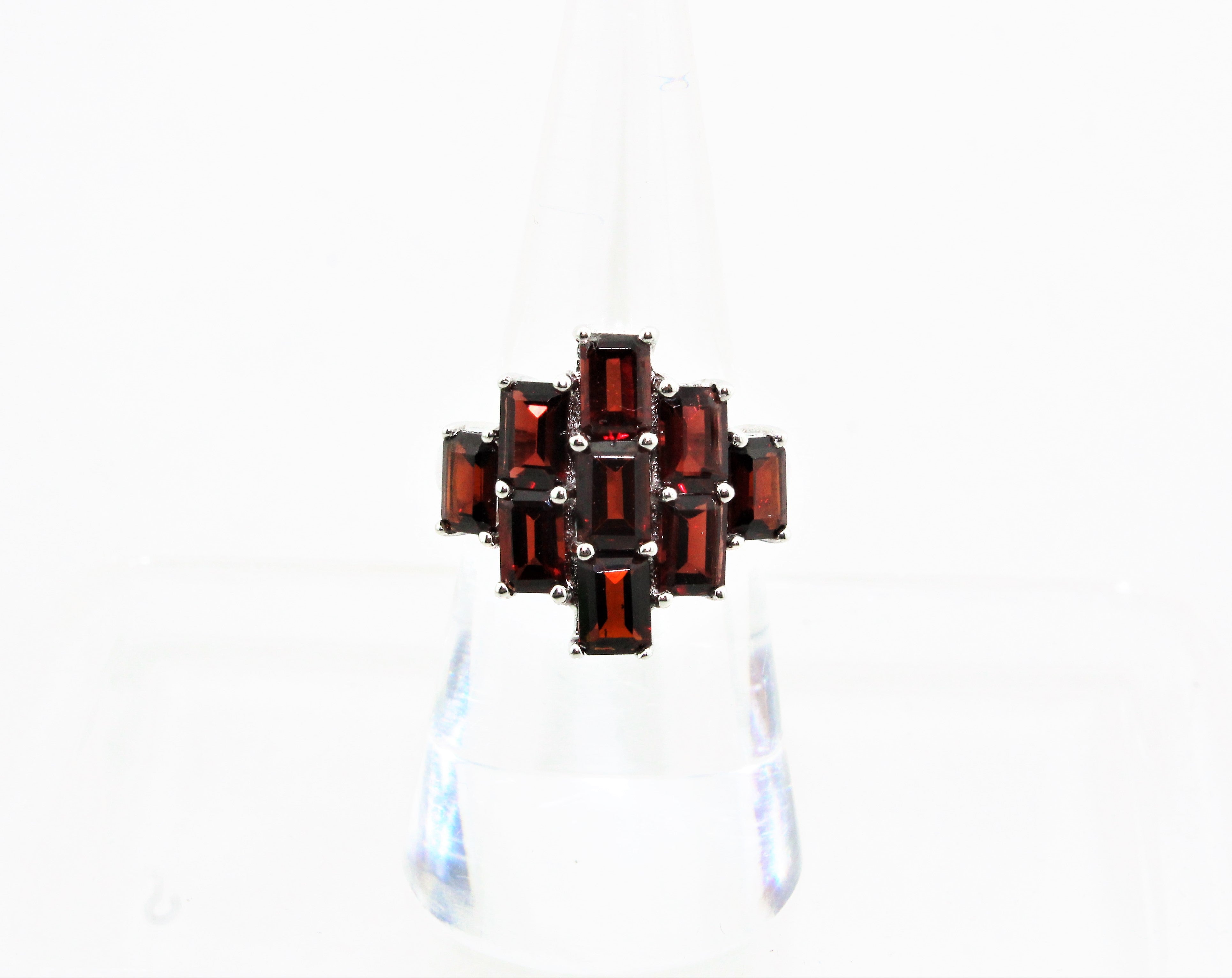 Sterling Silver Baguette Cut Garnet Cluster Ring
