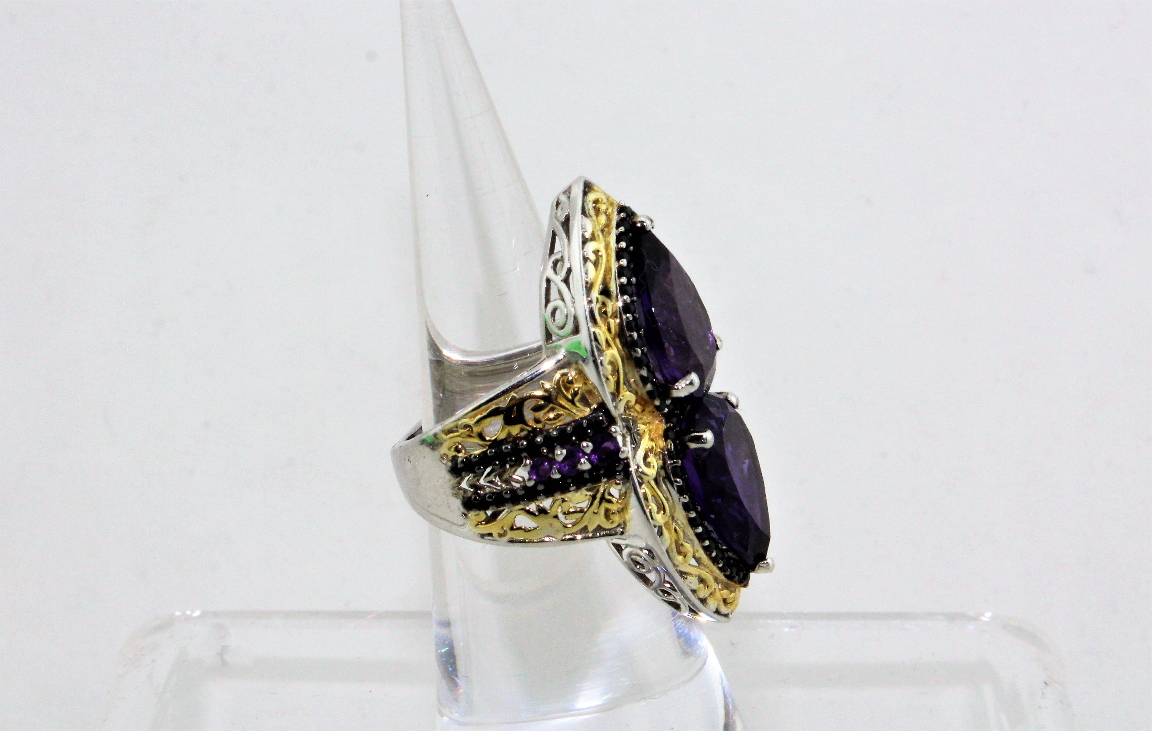 Sterling Silver Double Pear Cut Amethyst Ring