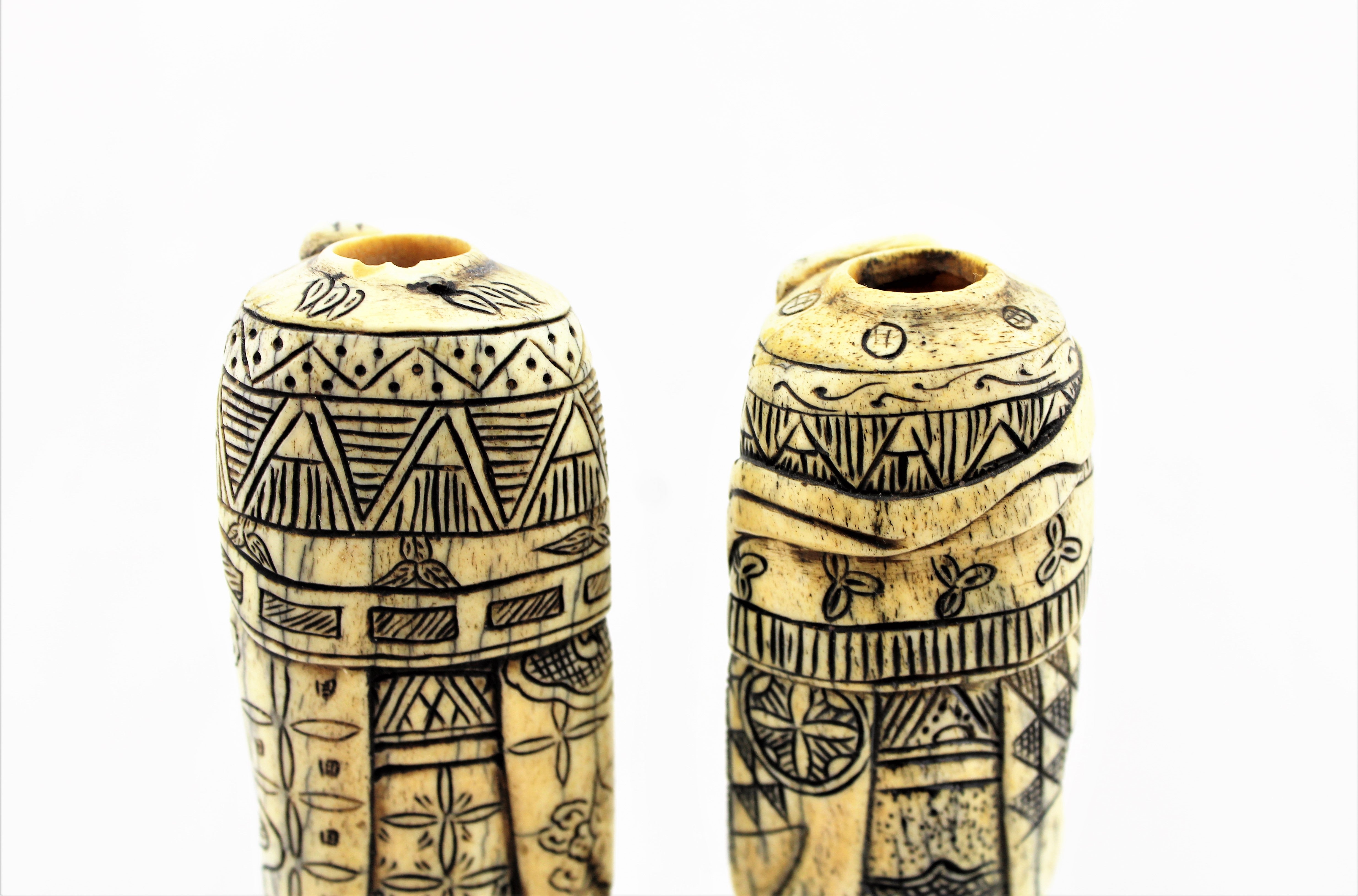 Carved Bone Snuff Bottle Pair