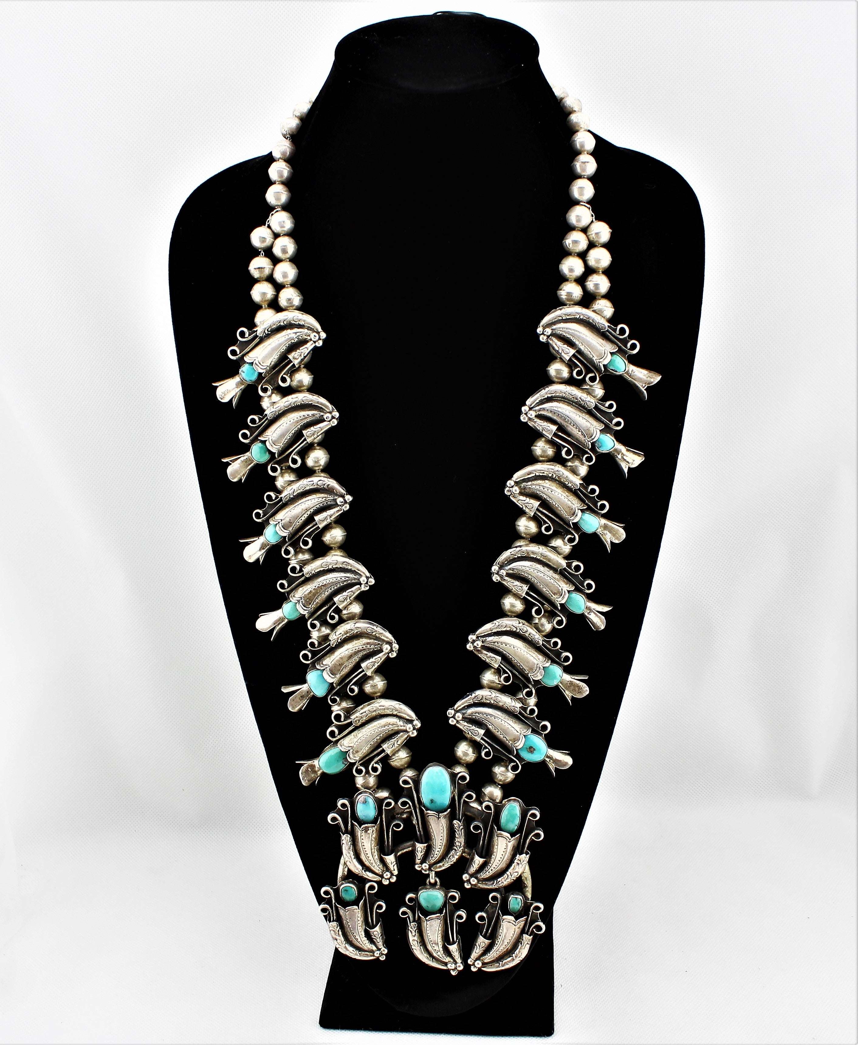 Silver and Turquoise Squash Blossom Necklace