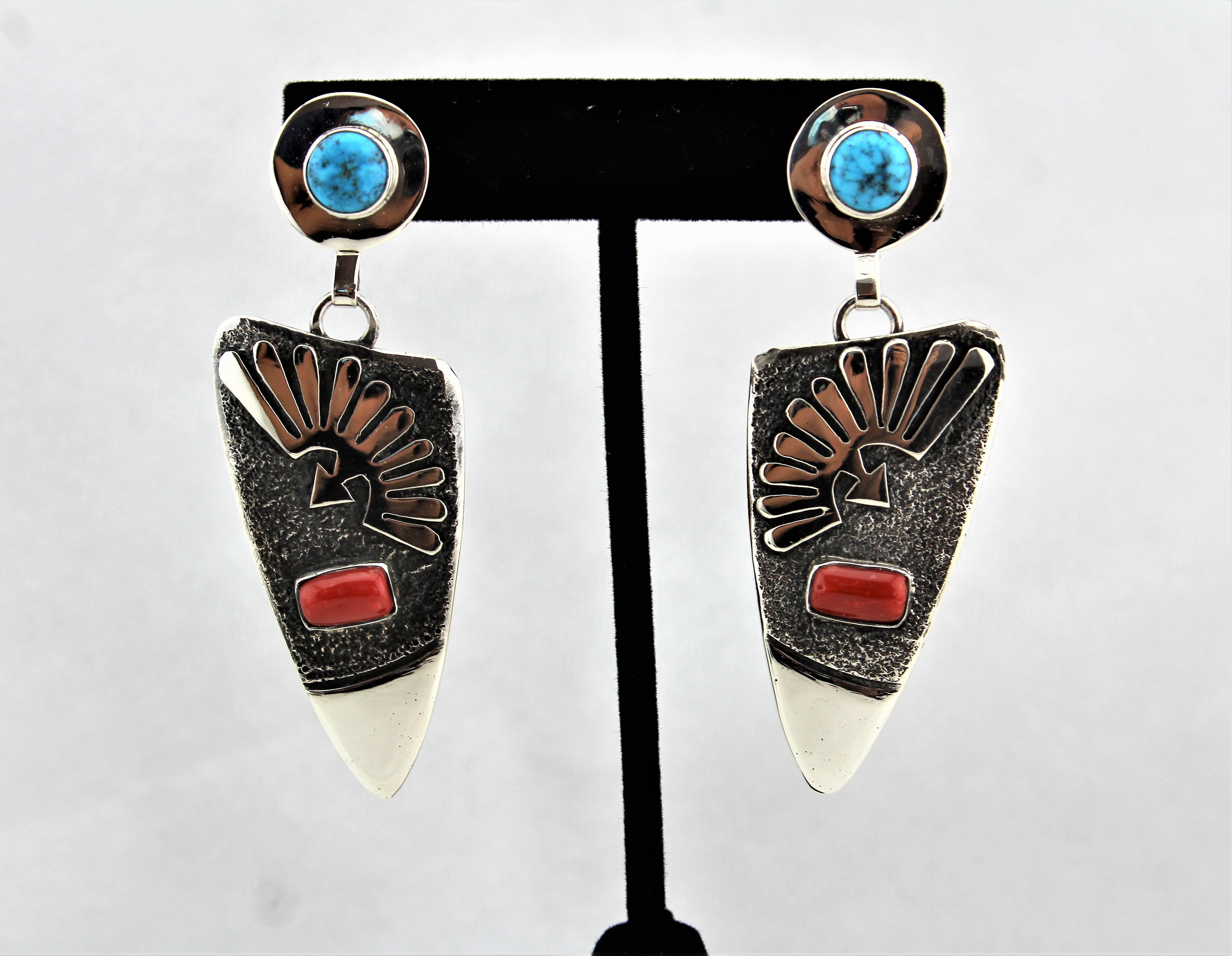 Jack Tom Sterling Turquoise and Coral Earrings