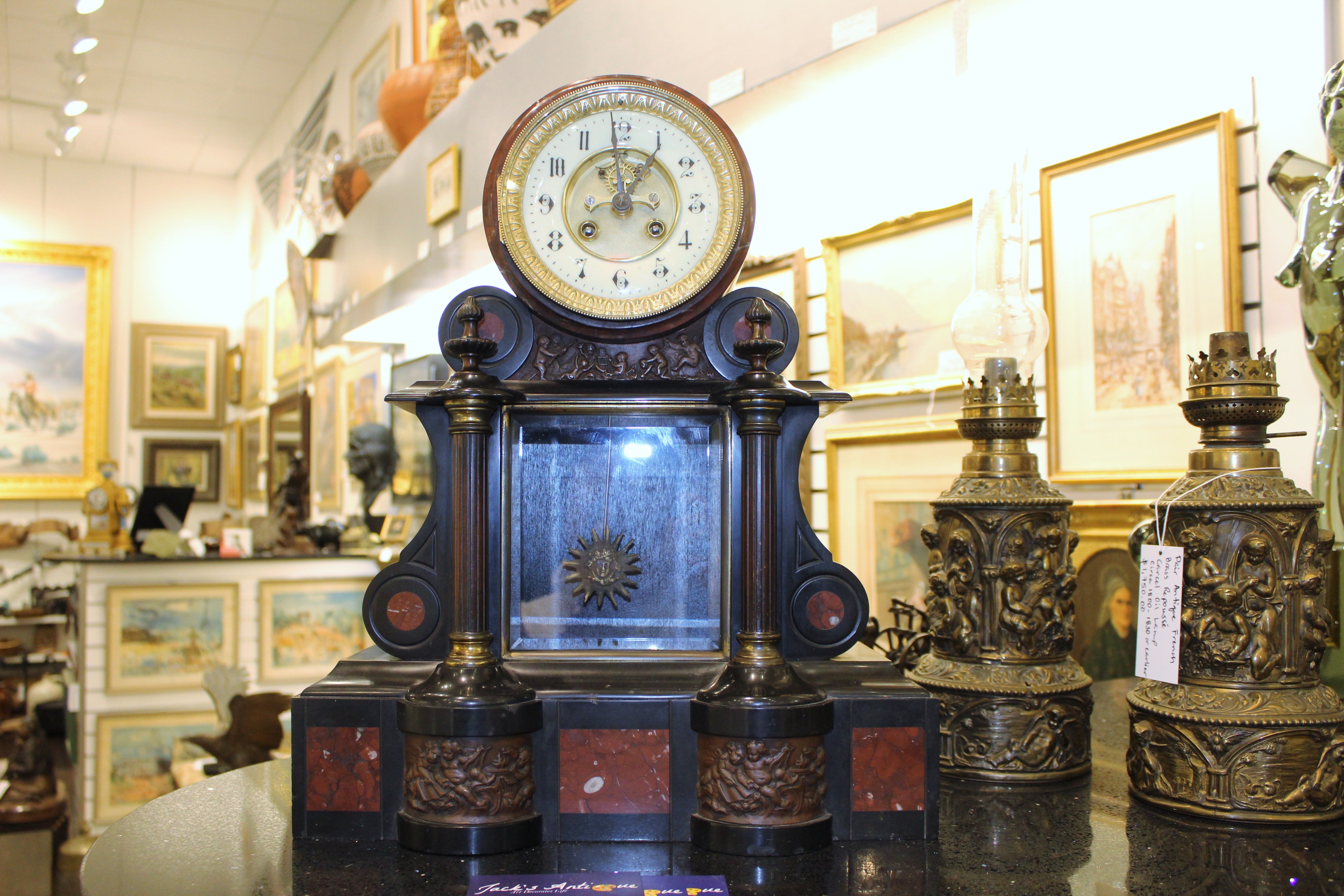 Antique French Black Slate and Red Marble Mantel Clock