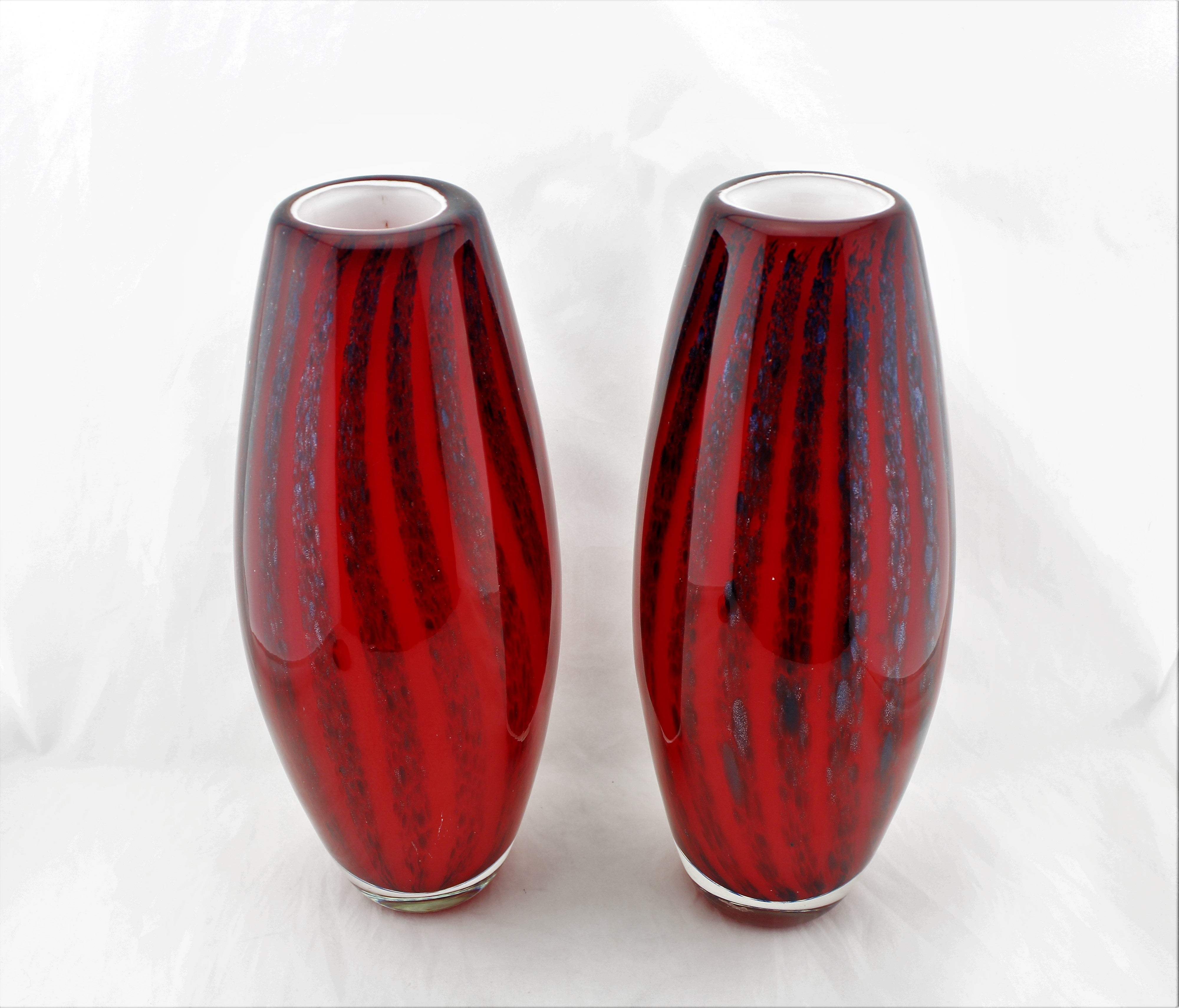 Vintage Murano Red Art Glass Vase Pair
