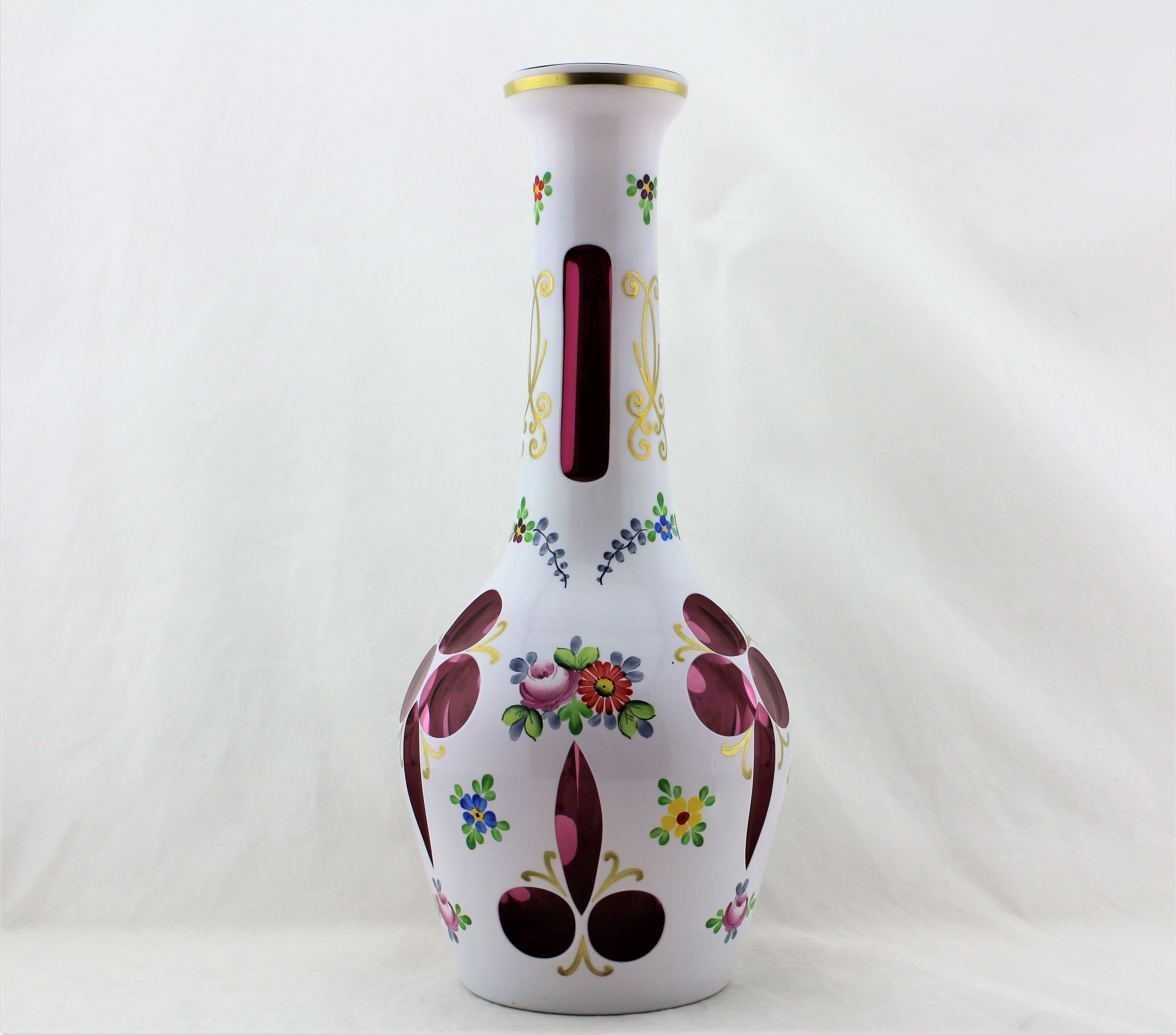 Bohemian Handpainted Cranberry Milk Glass