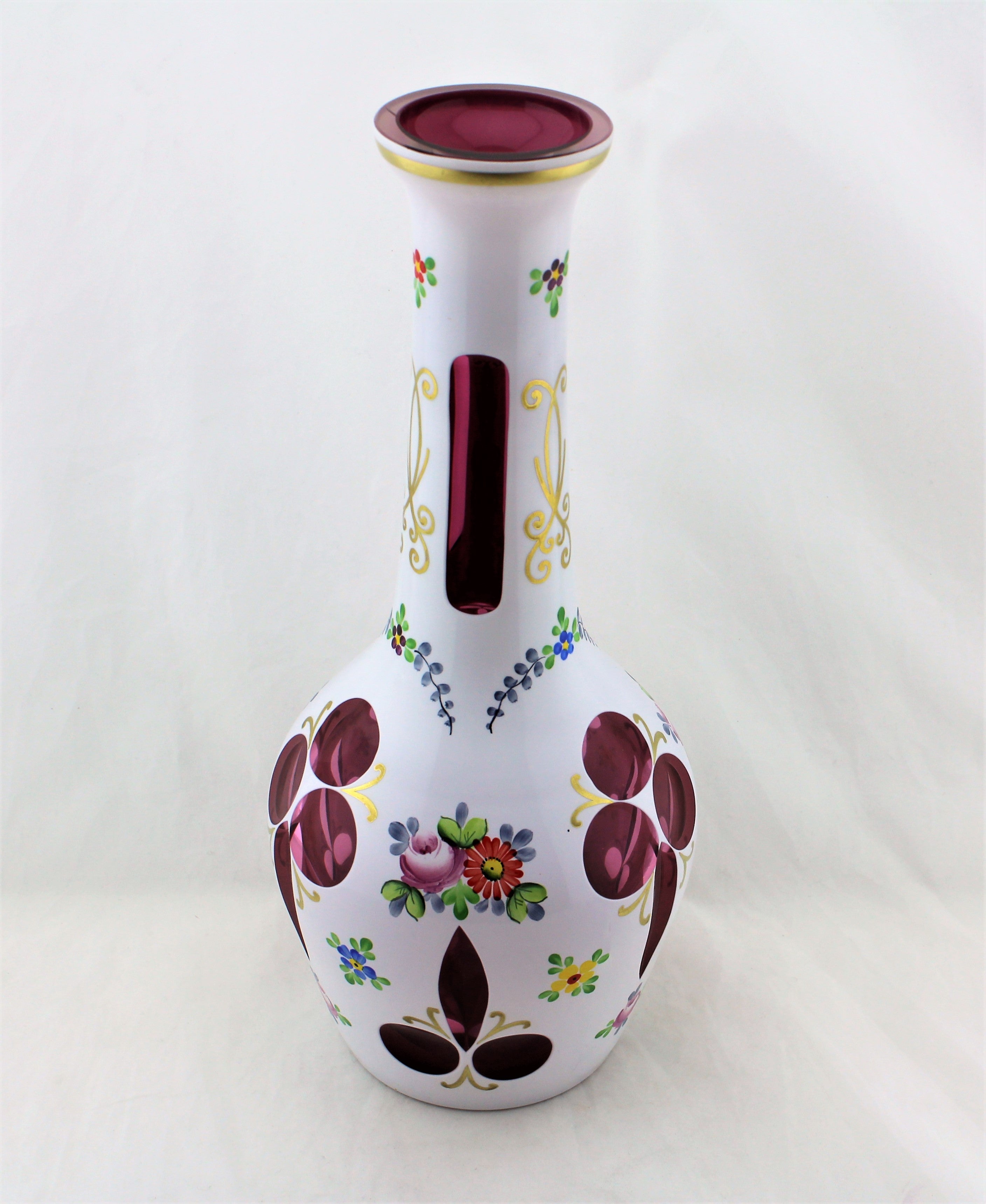 Bohemian Handpainted Cranberry Milk Glass