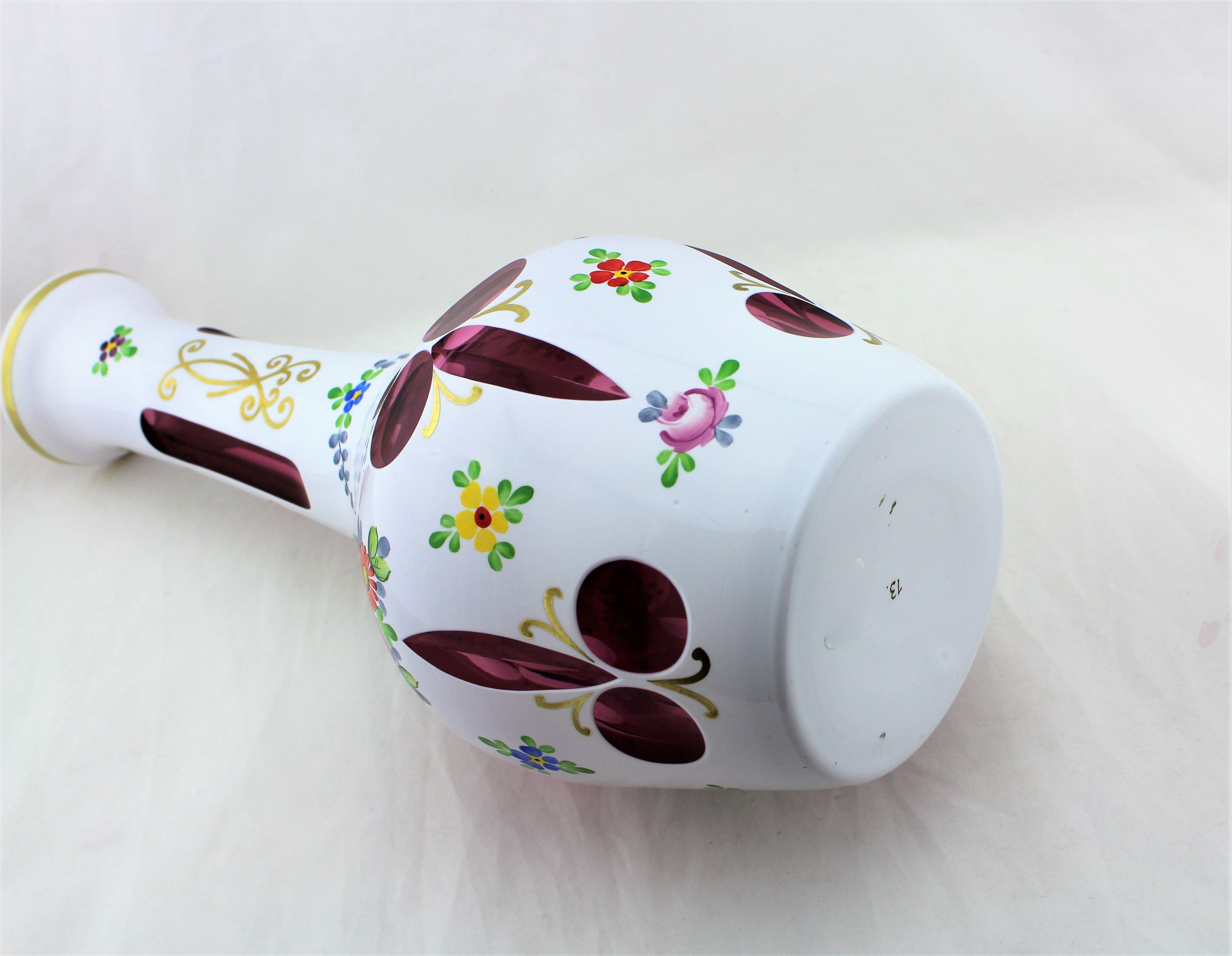 Bohemian Handpainted Cranberry Milk Glass