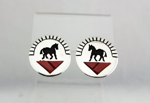 Sterling Silver Horse Overlay Coral Inlay Earrings