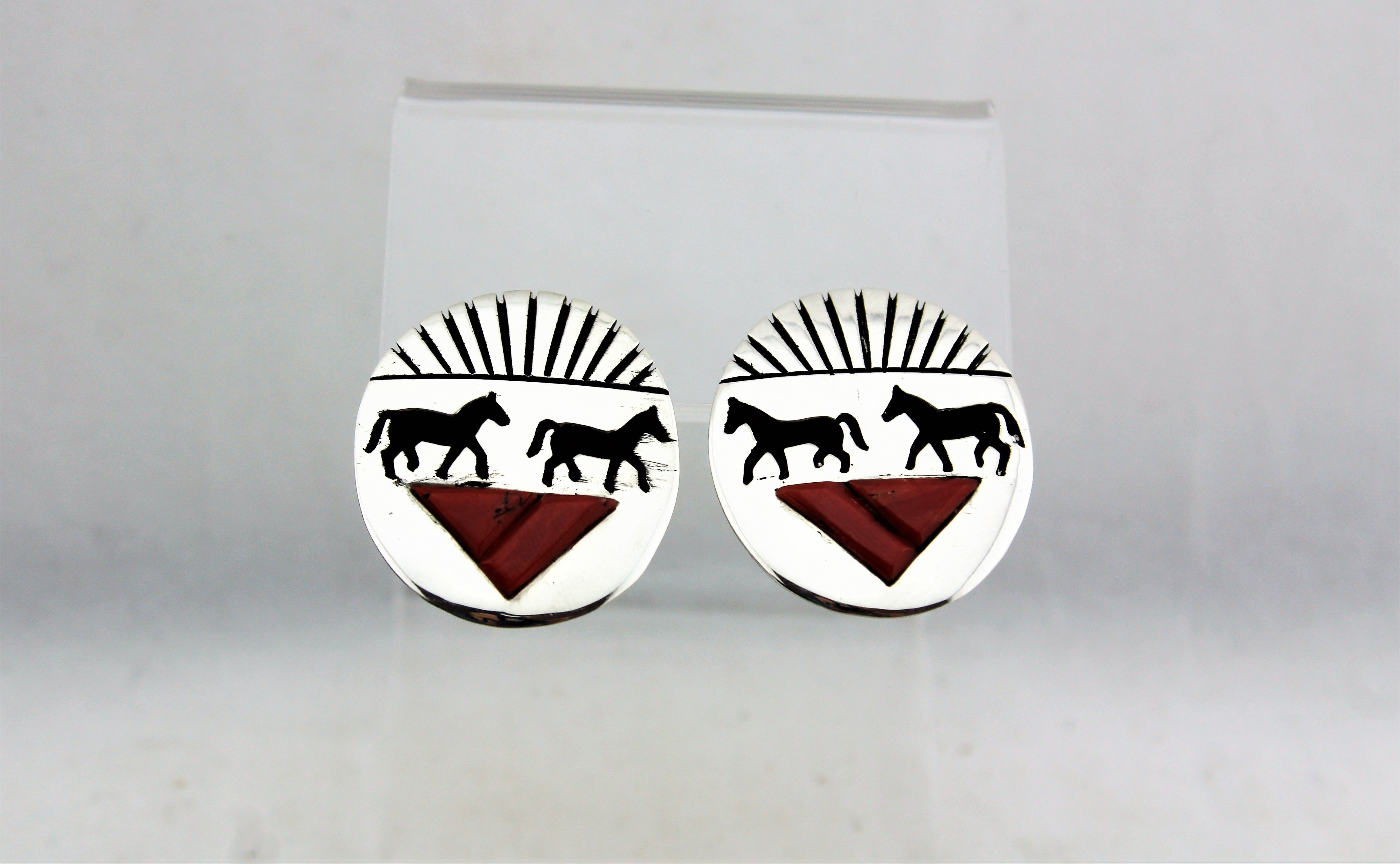 Sterling Silver Horse Overlay Coral Earrings