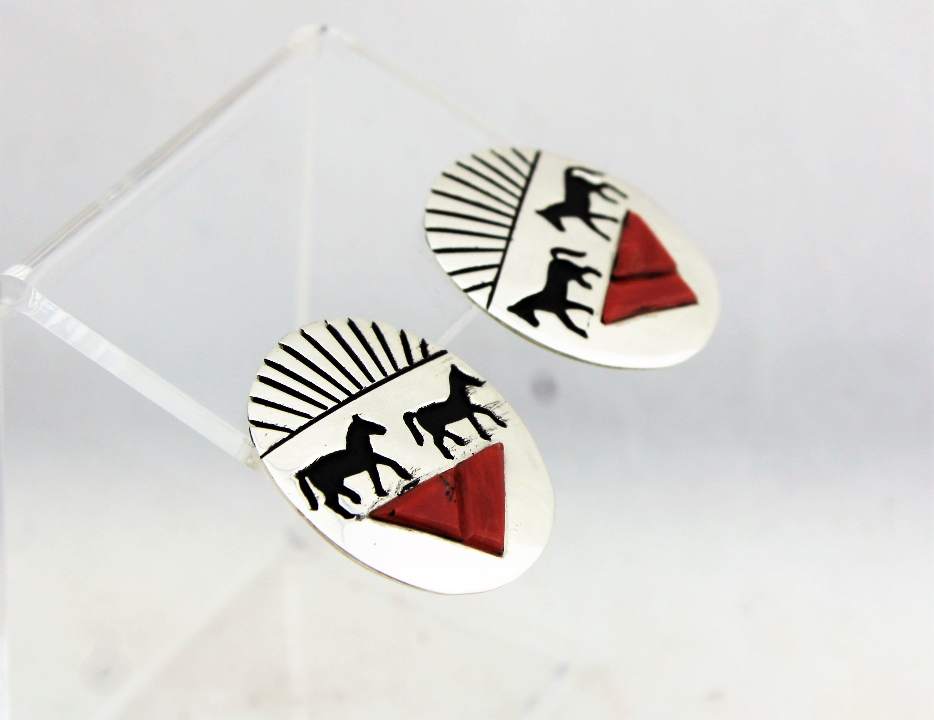 Sterling Silver Horse Overlay Coral Earrings
