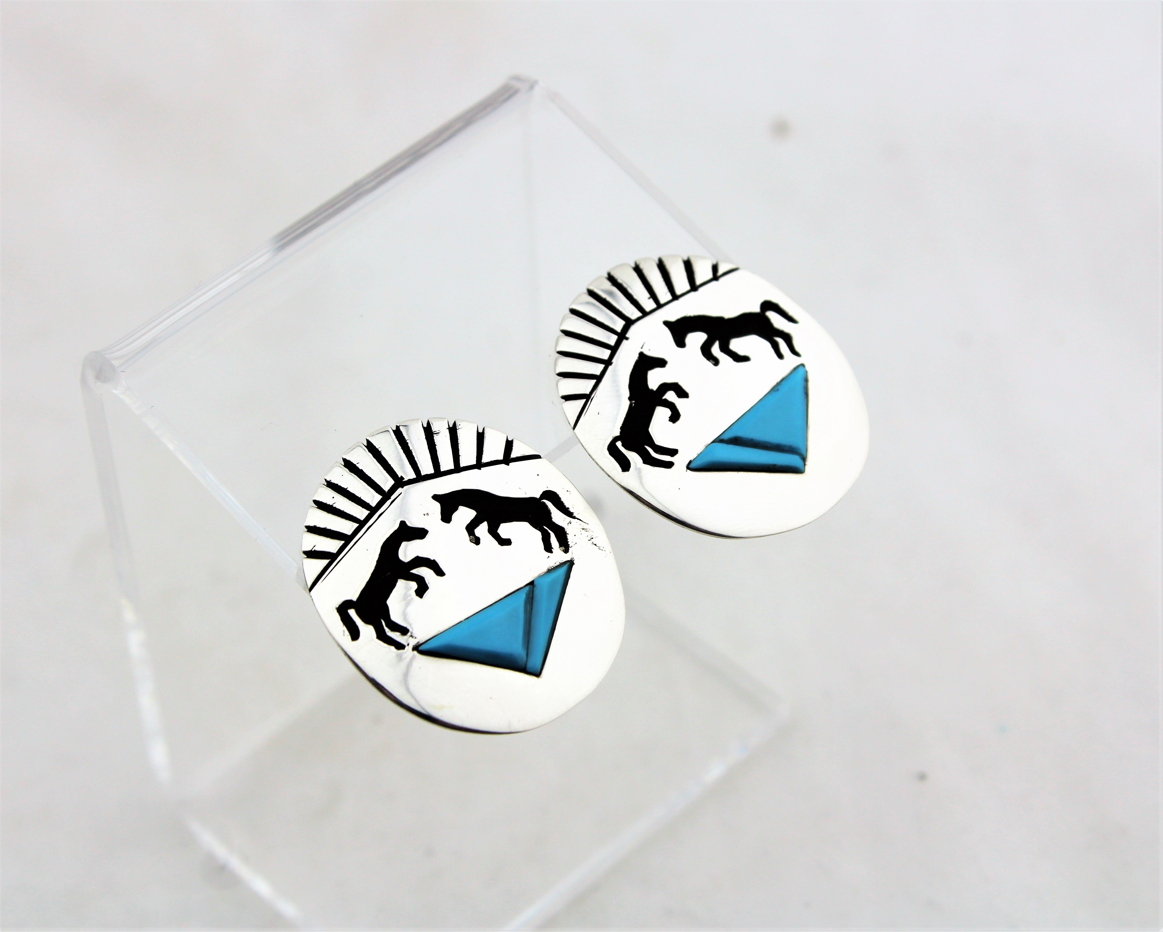 Sterling Silver Horse Overlay Turquoise Earrings