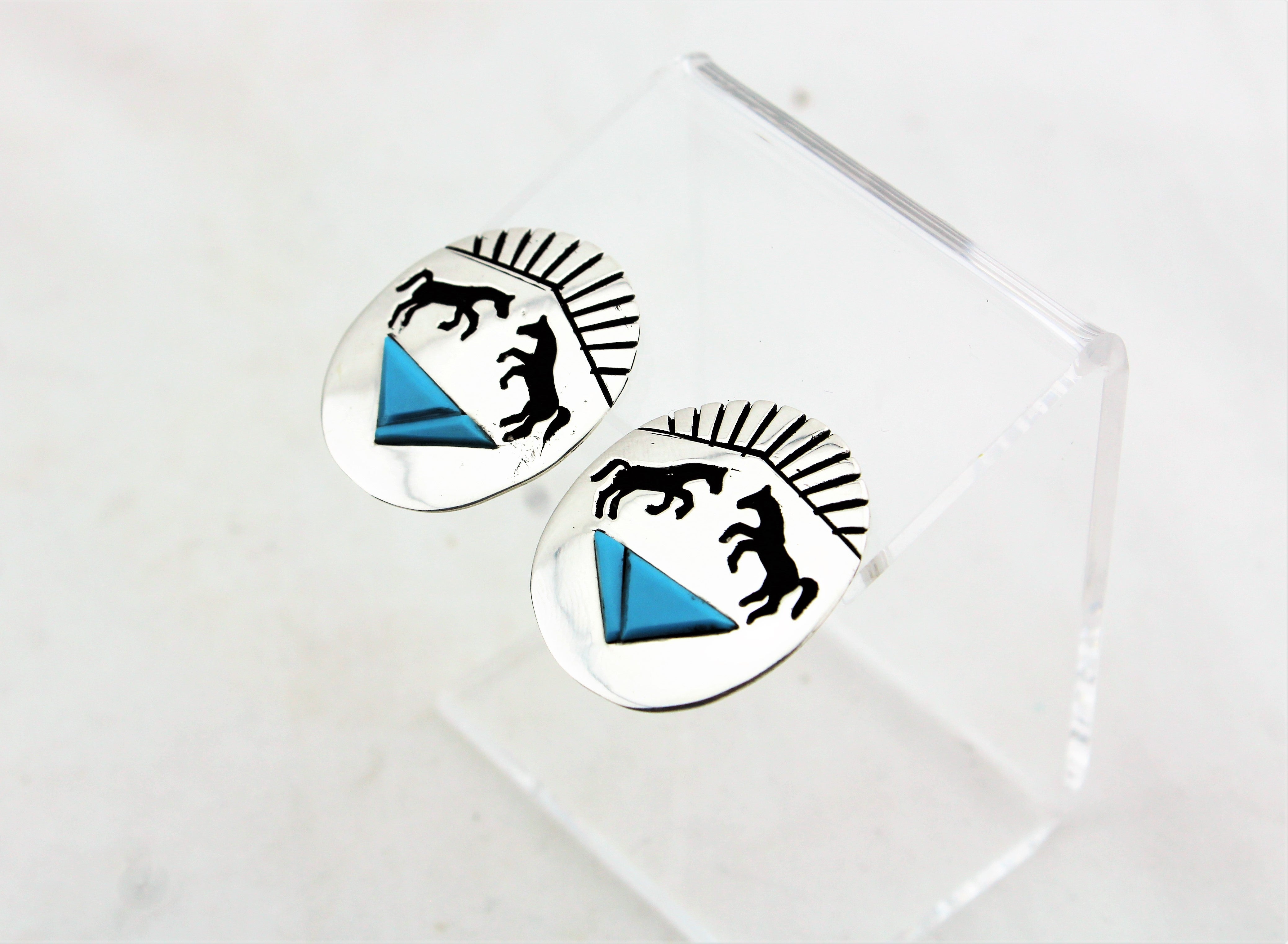 Sterling Silver Horse Overlay Turquoise Earrings