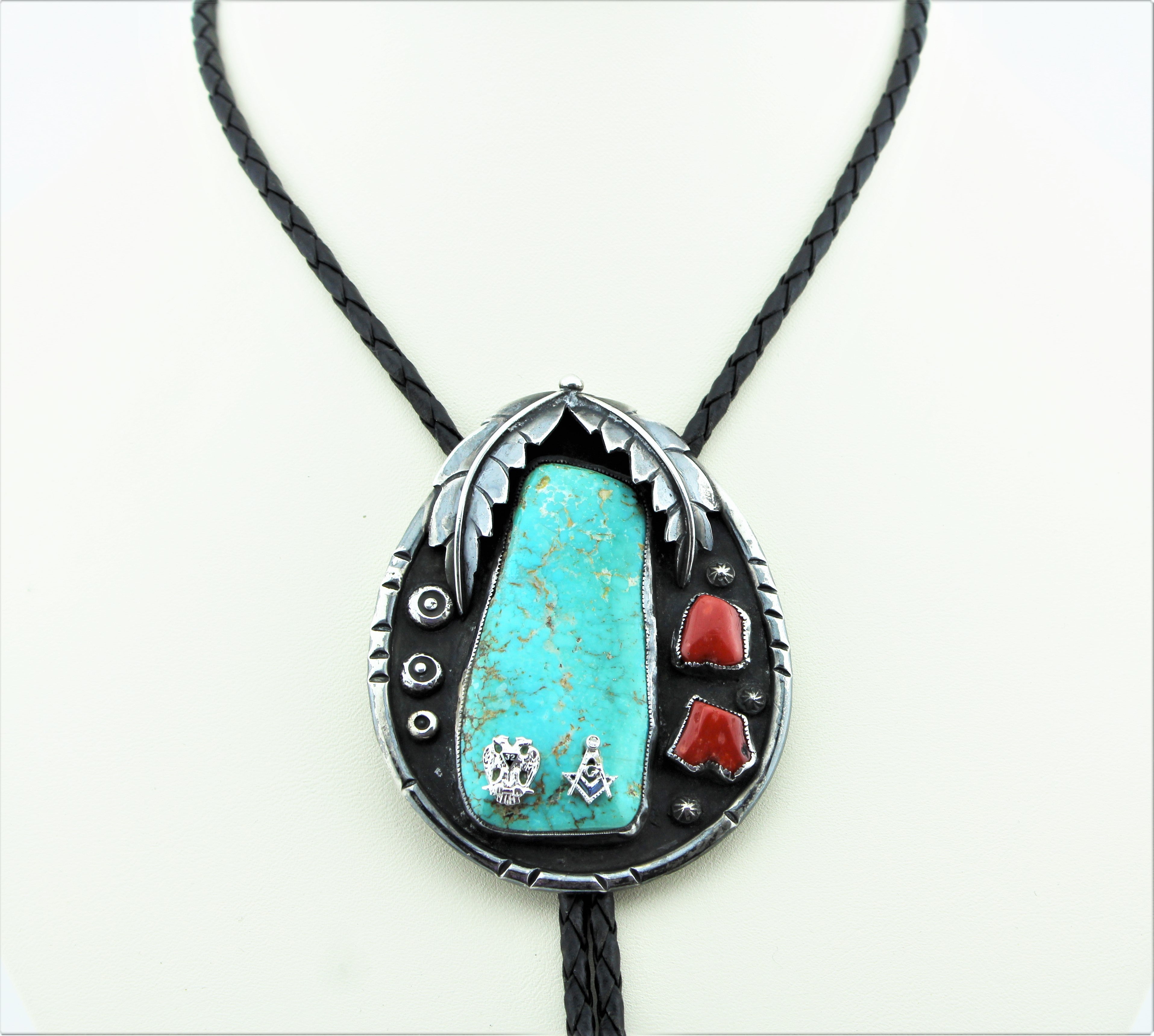 Sterling Silver Turquoise Bolo with Masonic Symbols