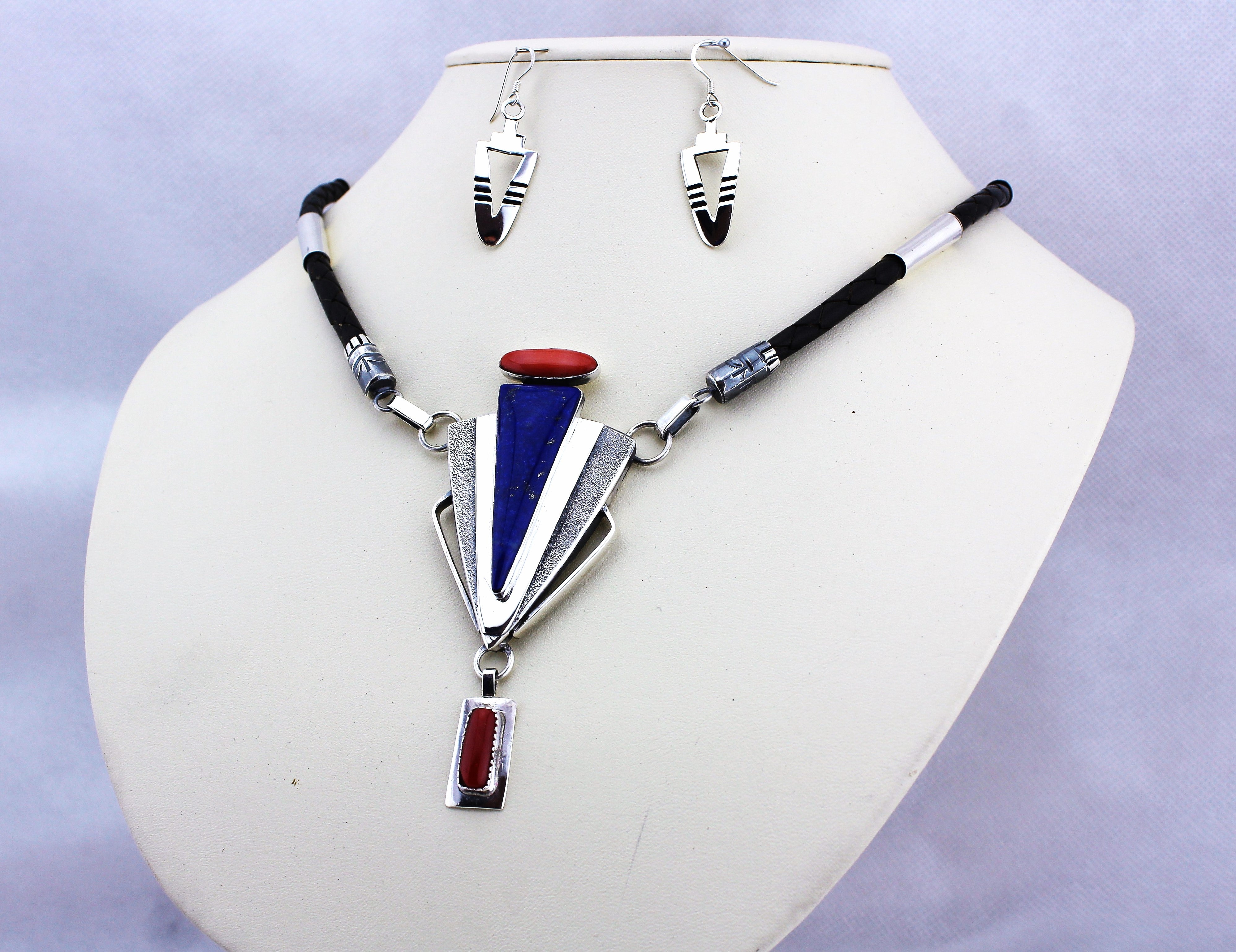 Jack Tom Sterling and Leather Necklace Earrings Set