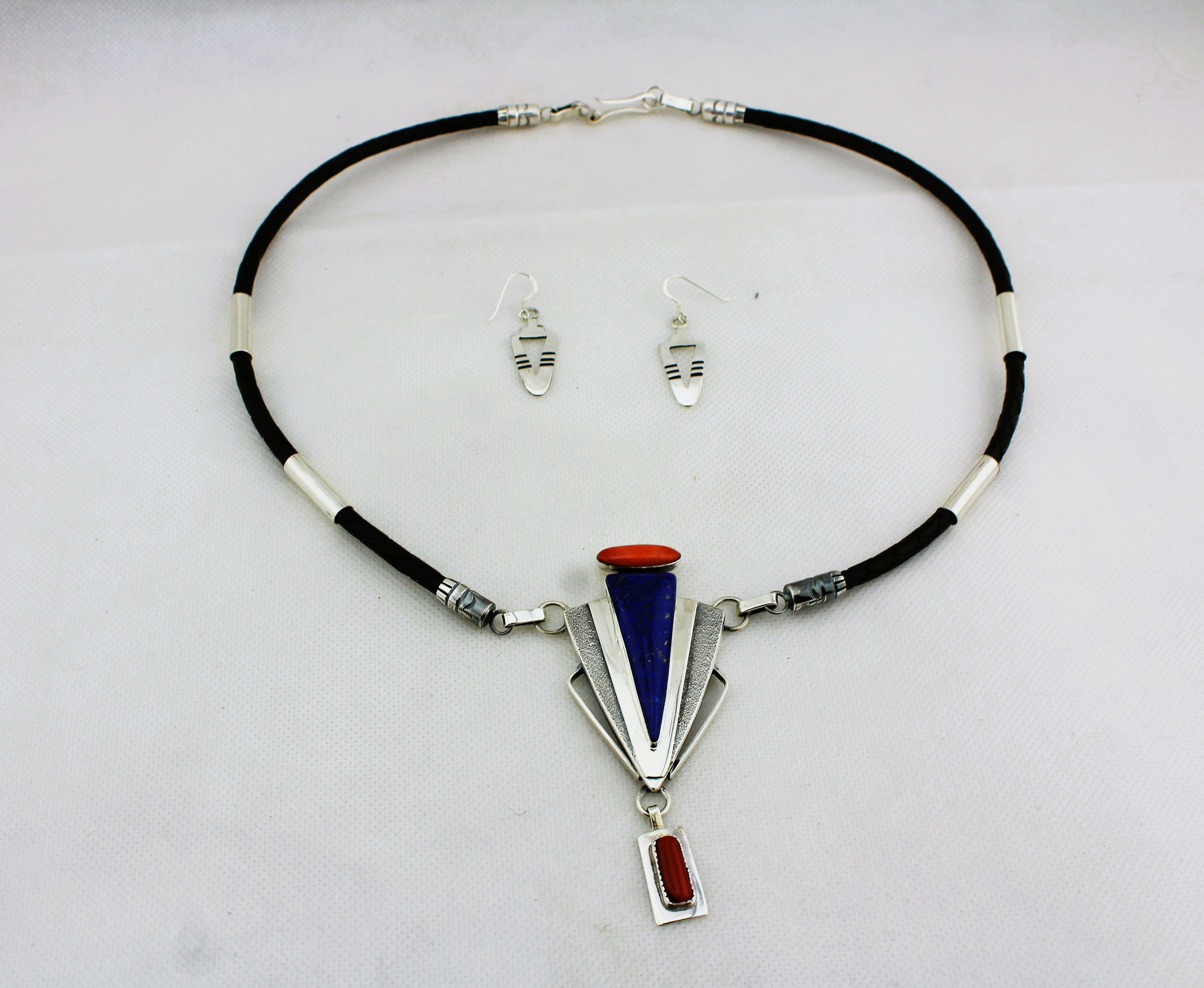 Jack Tom Sterling and Leather Necklace Earrings Set