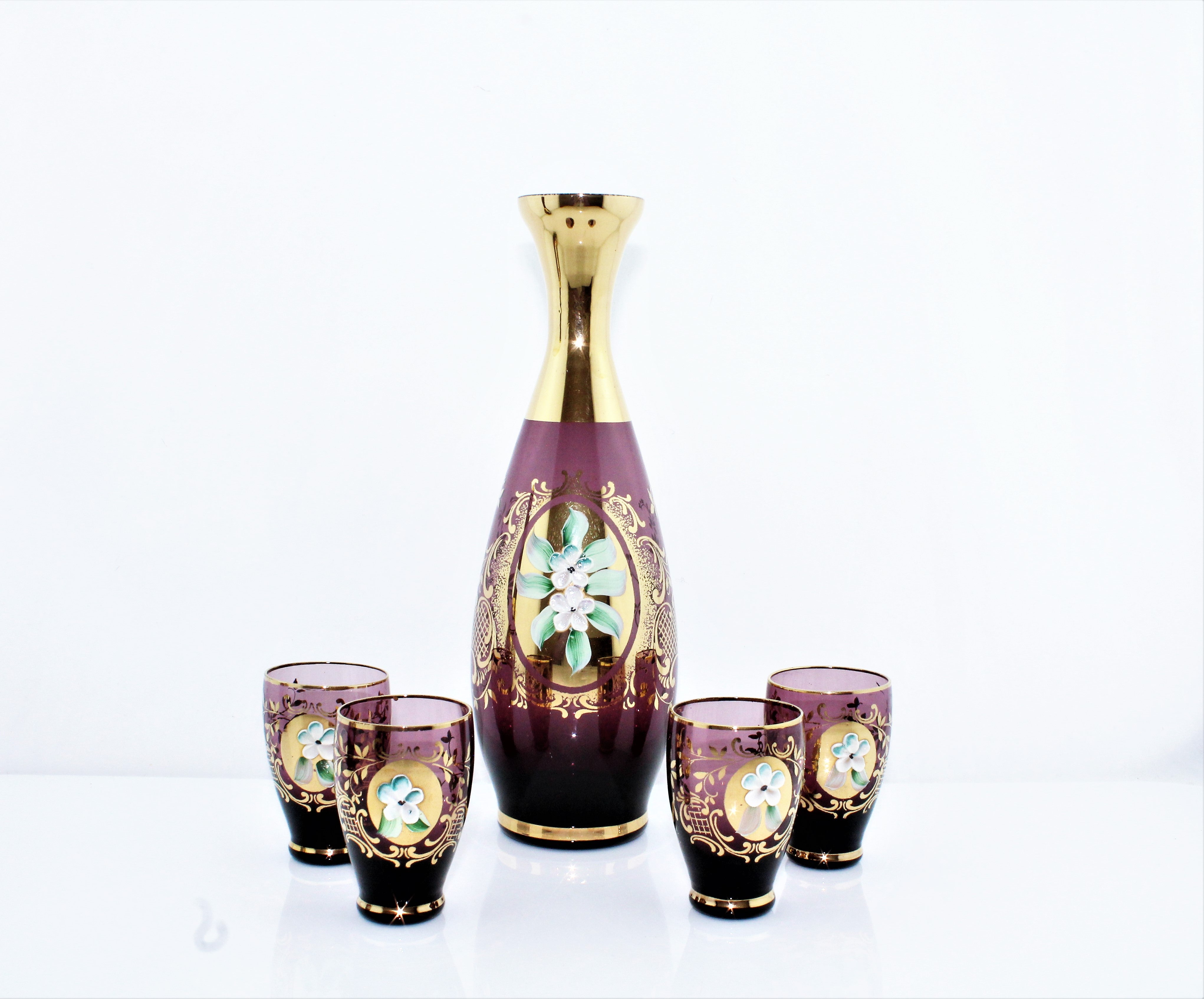 Bohemian Amethyst Glass High Enamel Decanter Set