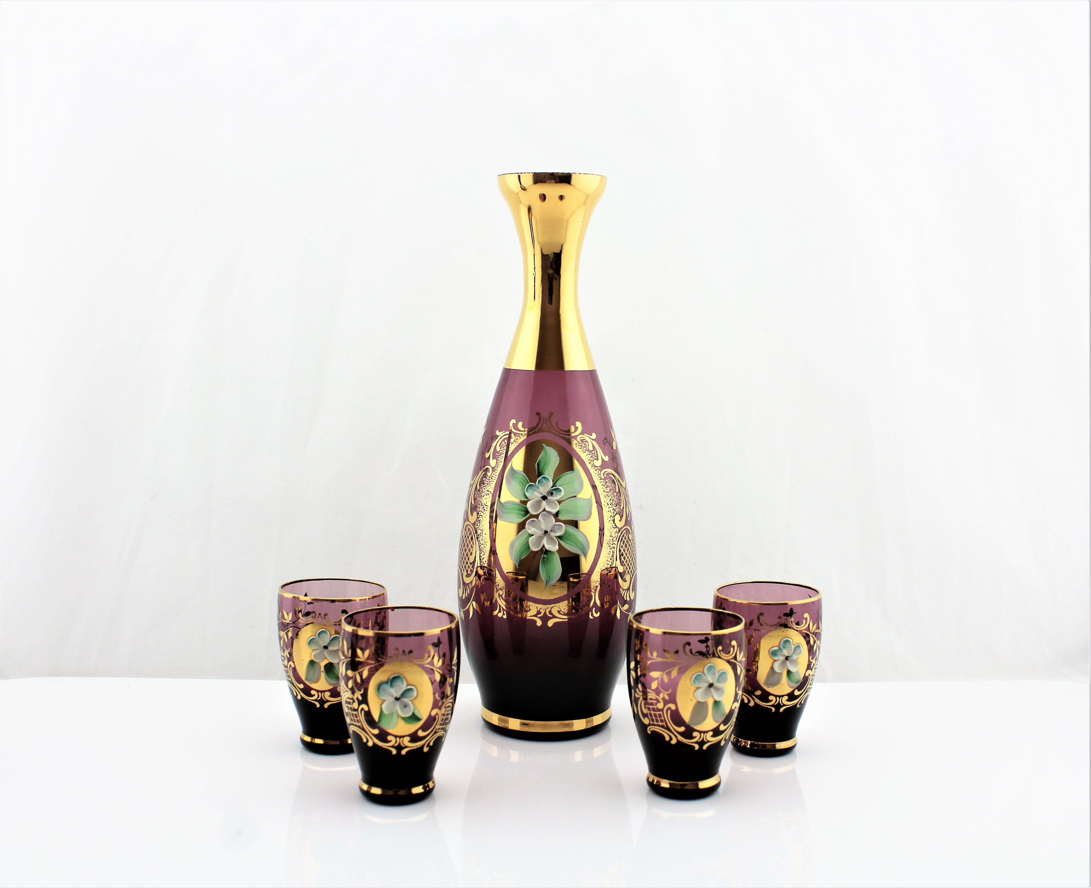 Bohemian Amethyst Glass High Enamel Decanter Set