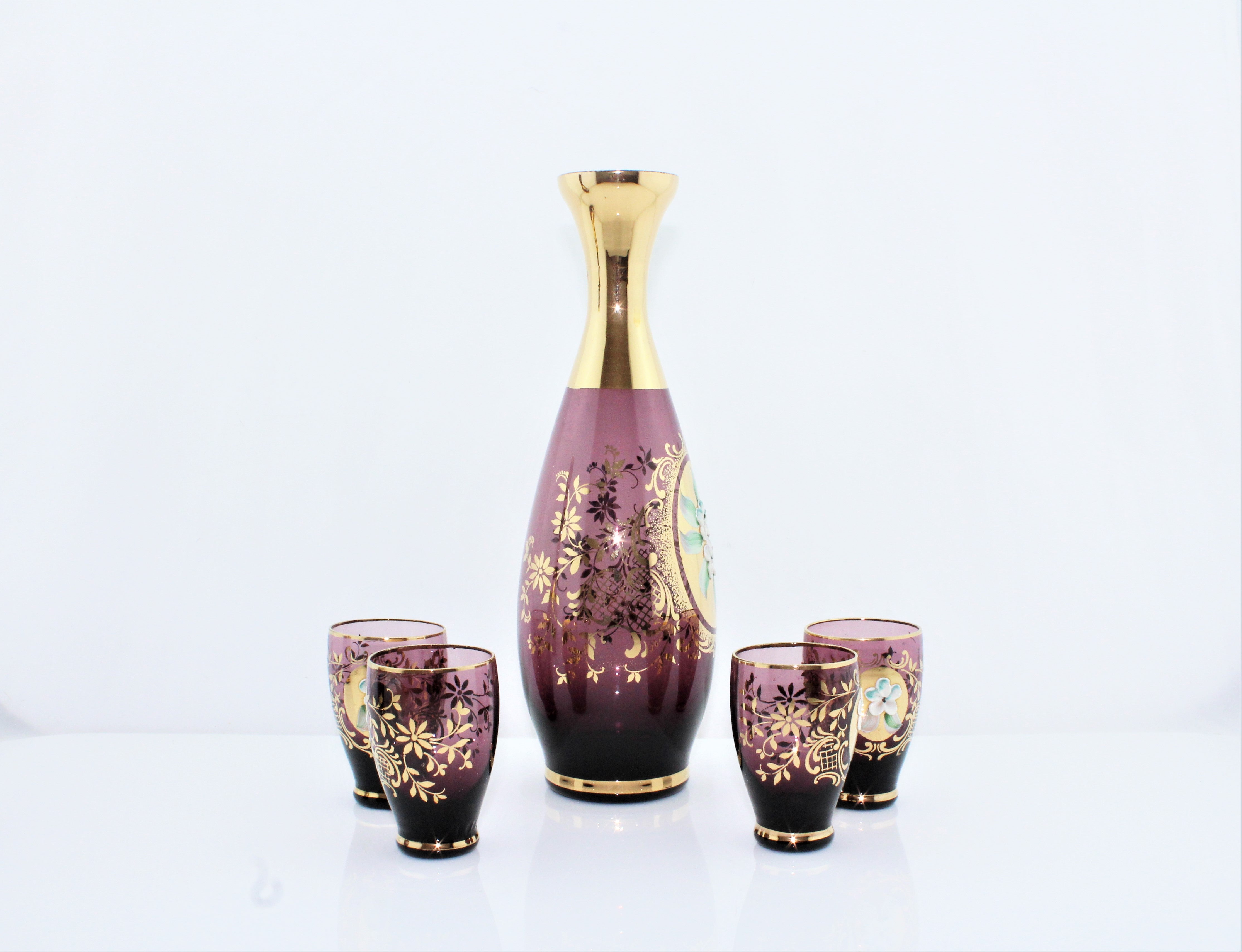 Bohemian Amethyst Glass High Enamel Decanter Set