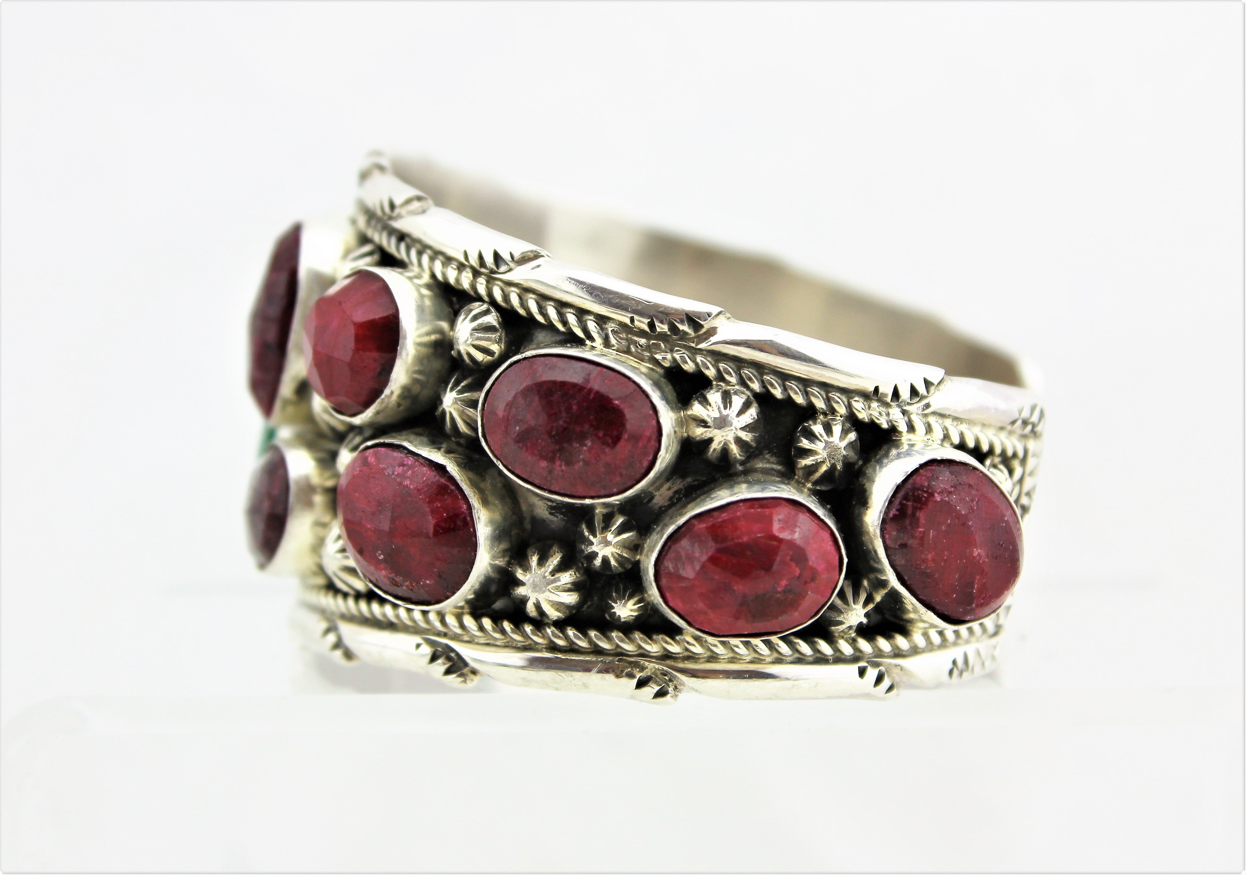 Natural Ruby and Emerald Sterling Silver Cuff
