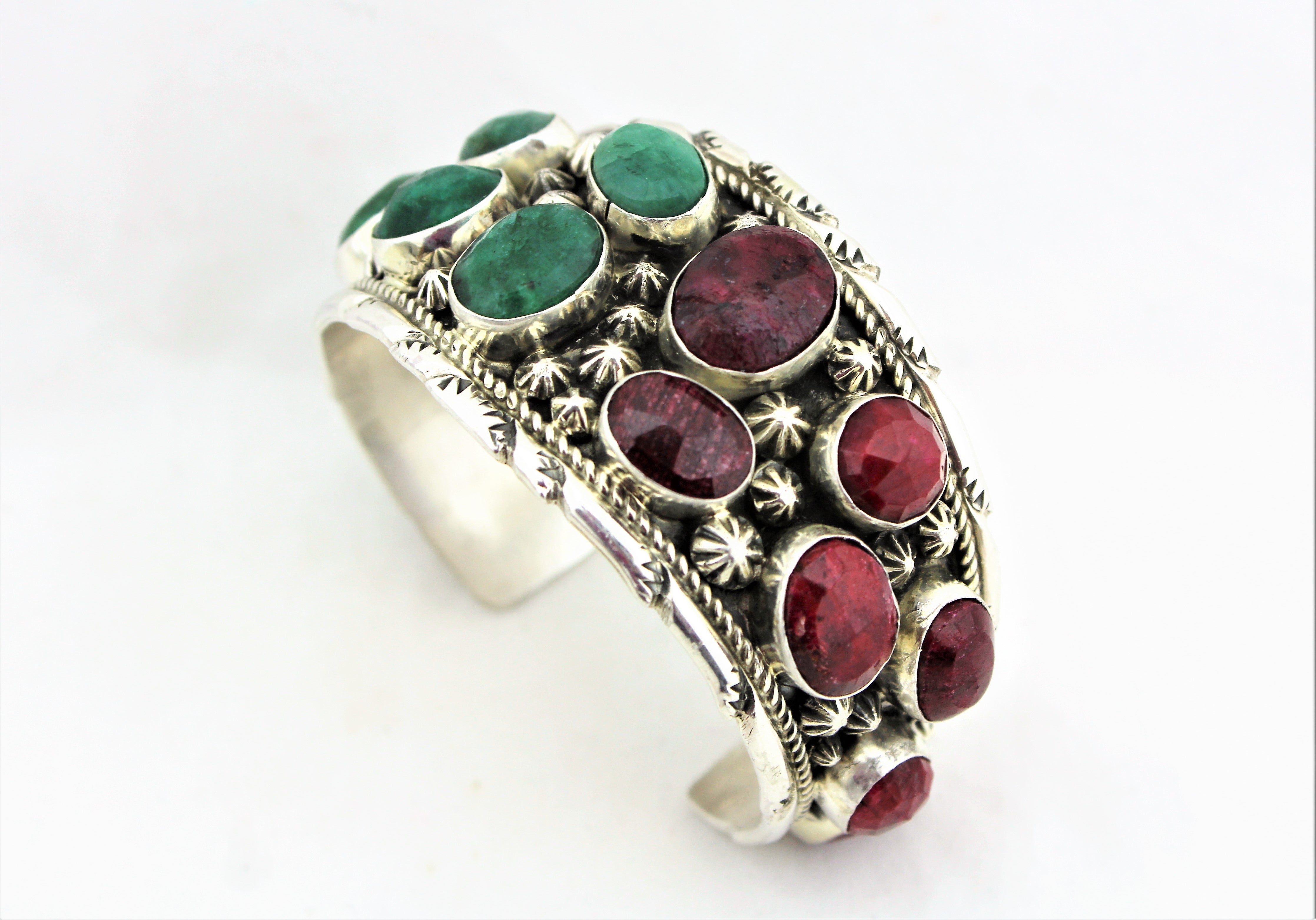 Natural Ruby and Emerald Sterling Silver Cuff