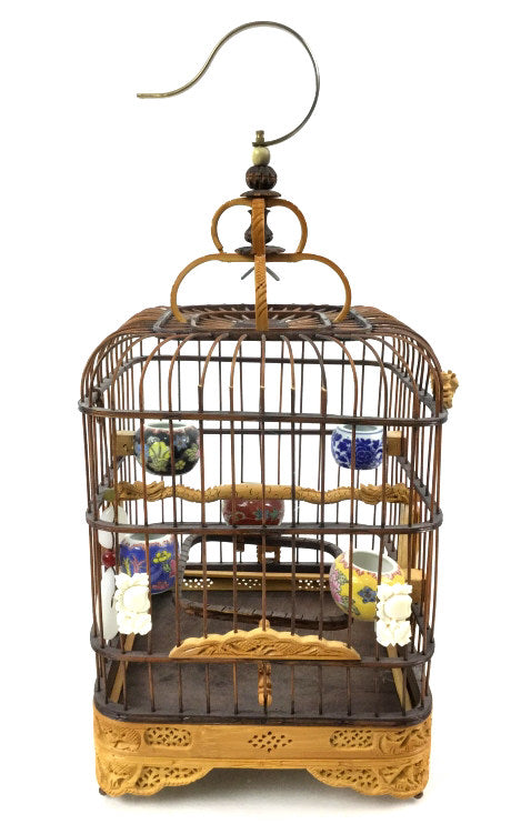 Vintage Chinese Bamboo Birdcage with Porcelain Bowls