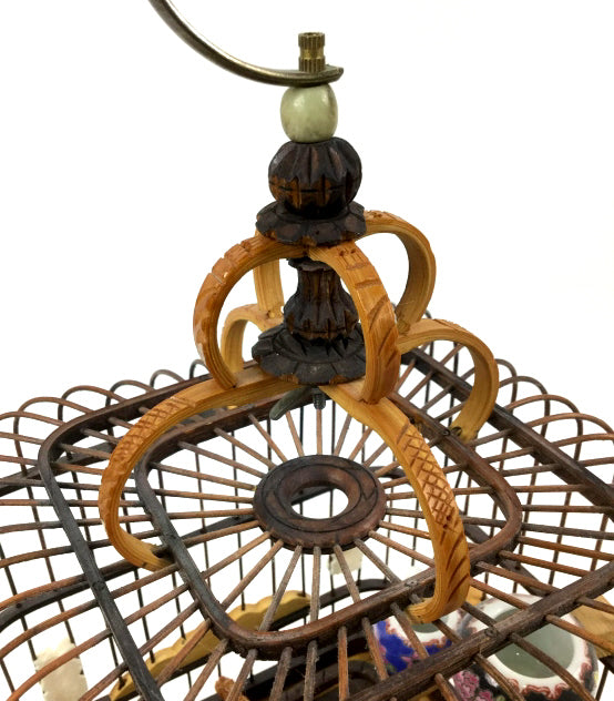 Vintage Chinese Bamboo Birdcage with Porcelain Bowls