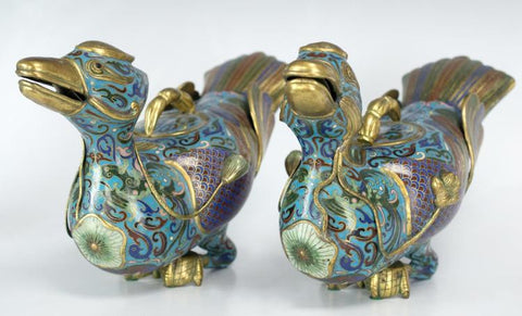 Antique Chinese Cloisonne and Brass Censer Duck Pair