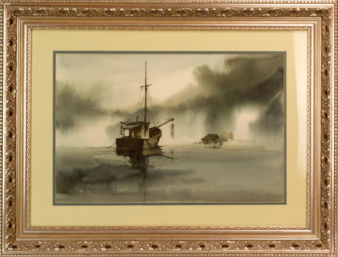 Boat at Sea Watercolor Painting