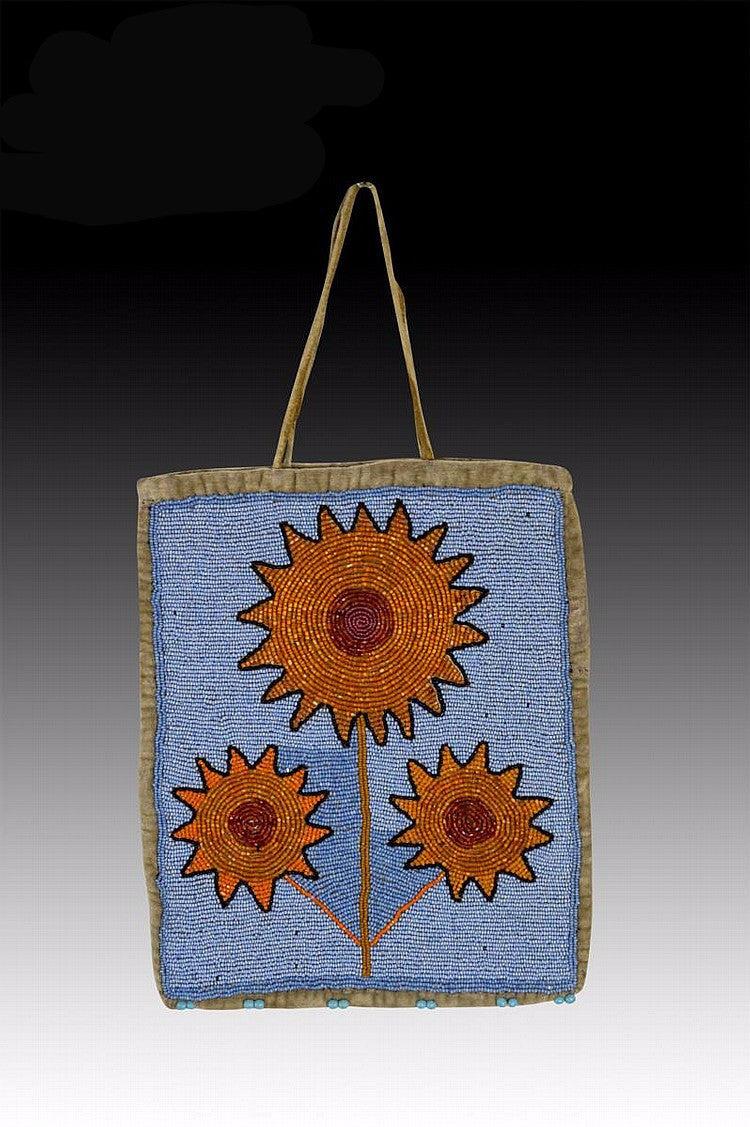 Native American Plains Indian Beaded Velvet Bag with Flowers