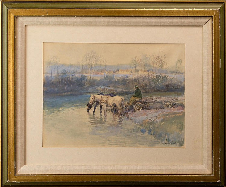 Watercolor Painting of a Wagon at River Crossing